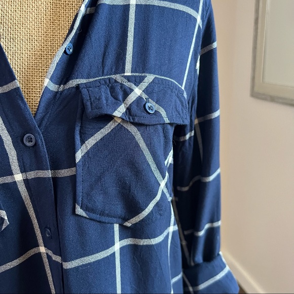 Navy Blue Windowpane Plaid Tunic Button Down ShirtDress - Picture 5 of 10